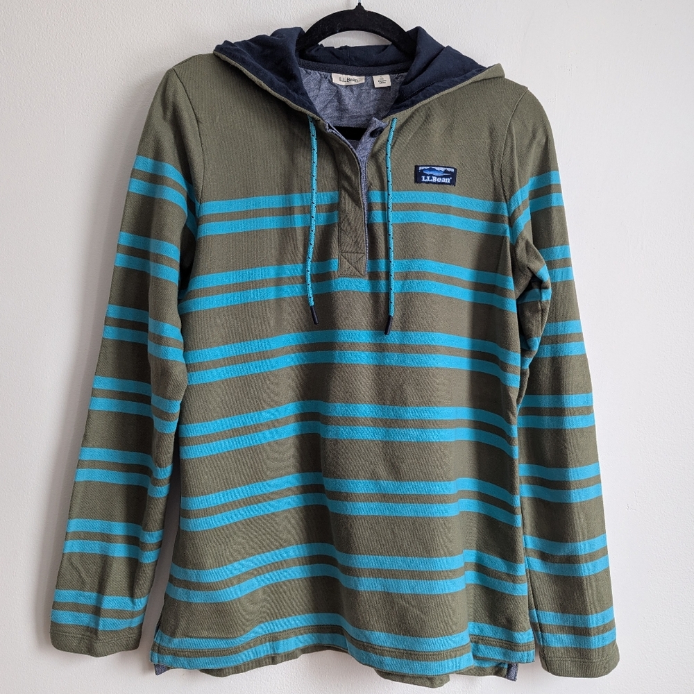 L.L. Bean Y2K Mens Olive Green Striped Rugby Hoodie S Skater Outdoor Preppy